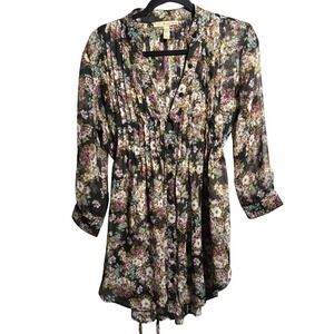 Whimsigoth Sheer Floral Black‎ Mini Dress Tunic Pleated Waist Tie V Neck Fairy S